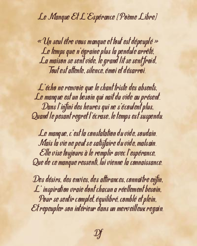 Le poème en image: Le Manque Et L’espérance (Poème Libre)