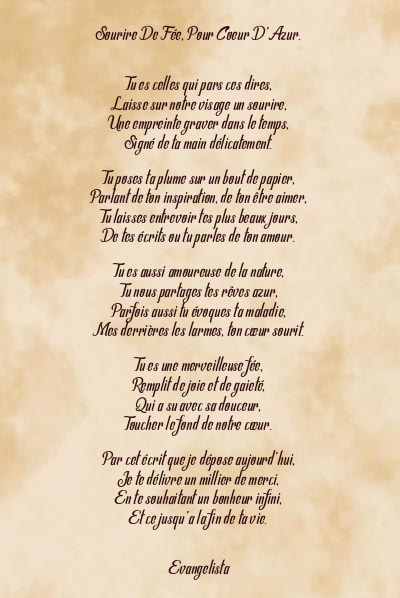 Le poème en image: Sourire De Fée, Pour Coeur D’azur.
