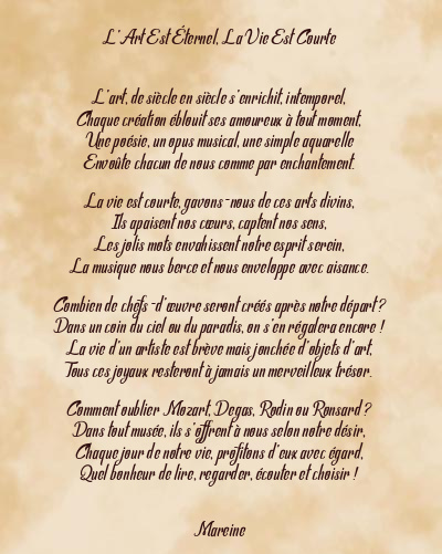 Le poème en image: L’art Est Éternel, La Vie Est Courte