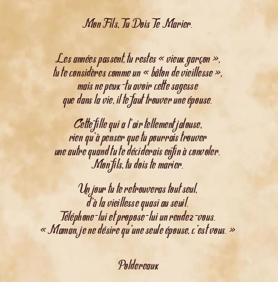 Le poème en image: Mon Fils, Tu Dois Te Marier.