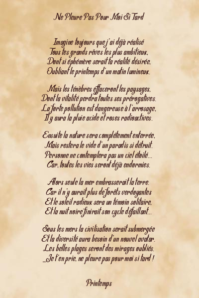 Le poème en image: Ne Pleure Pas Pour Moi Troptard