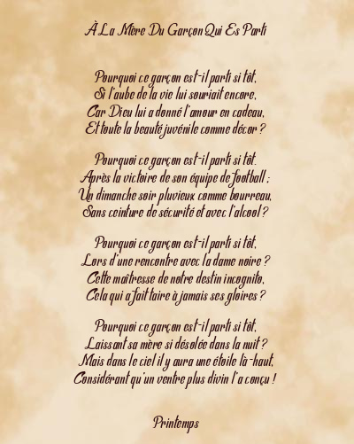 Le poème en image: À La Mère Du Garçon Qui Est Parti
